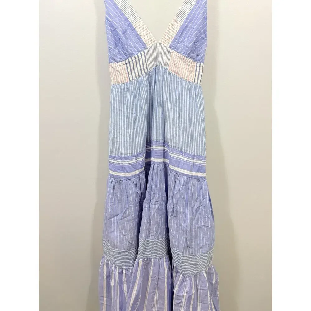 LE SUPERBE Blue White Striped V-Neck Tie Back Strappy Midi Sundress Women’s XS